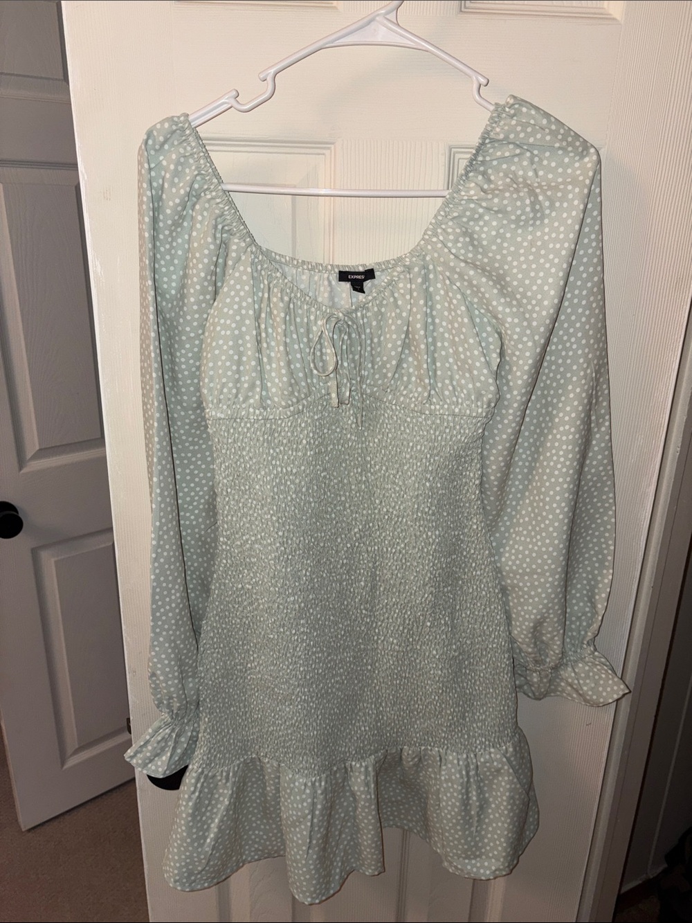 Express Light sage green Polka Dot Smocked Dress